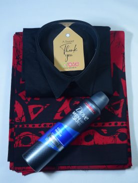 RED BATHIK SARONG, SHIRT AND BODY SPRAY